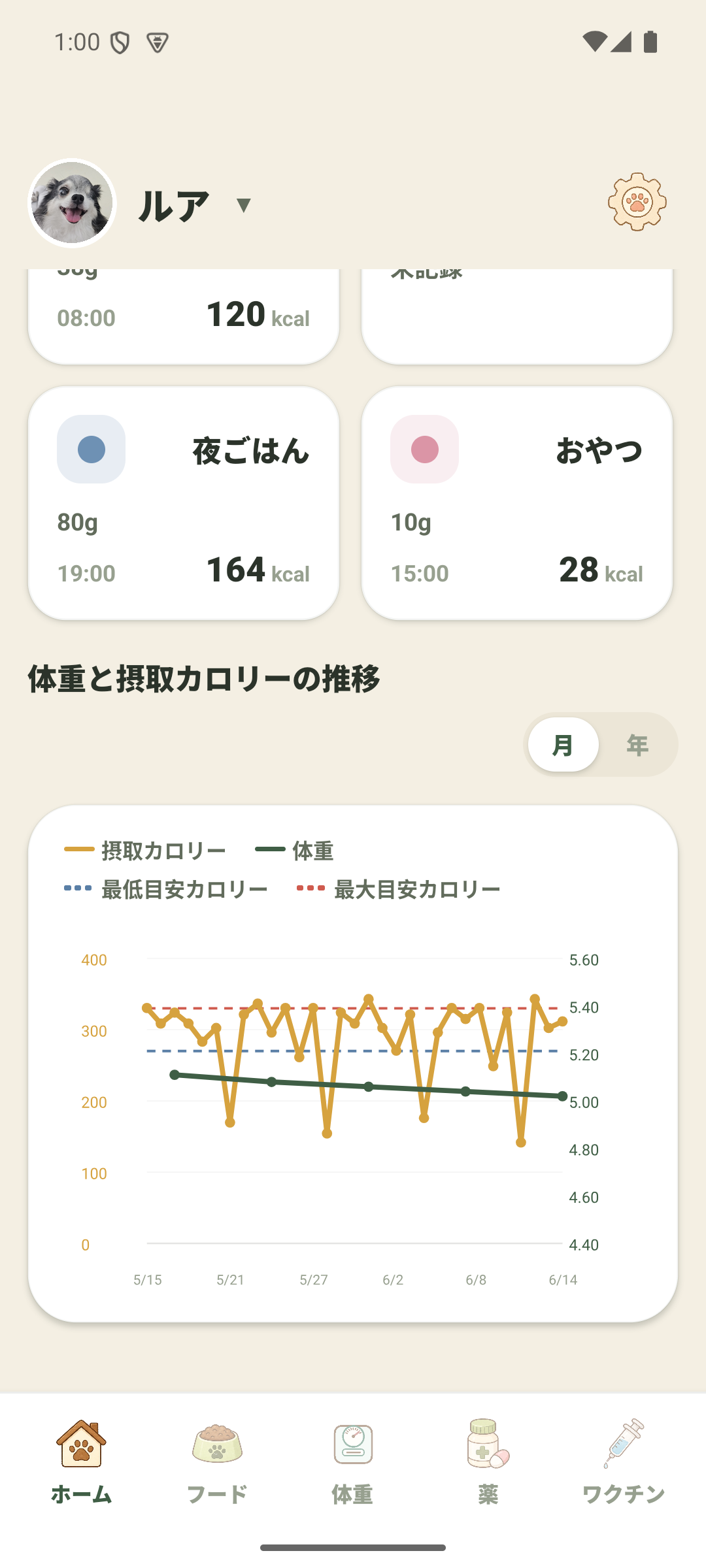 体重と摂取カロリーの推移グラフ。目安ラインと重ねて変化を確認できる。
